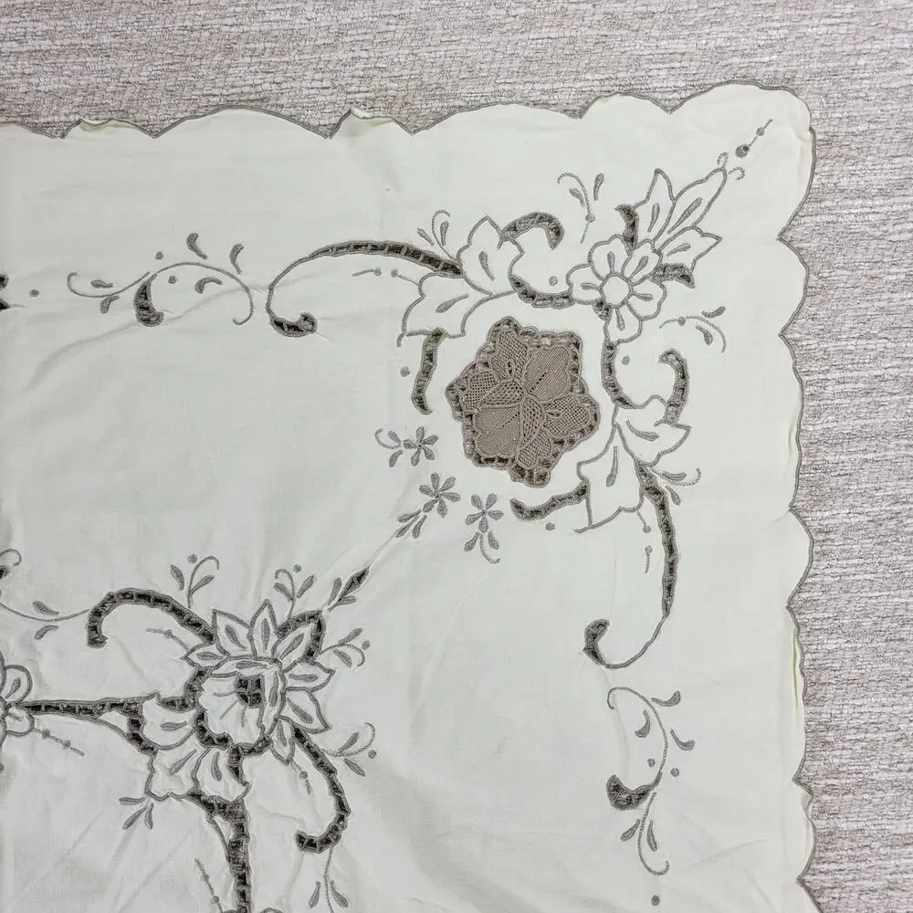 Vintage Handmade Cutwork Embroidered Tablecloth 29.5x31 Ivory Lace Floral